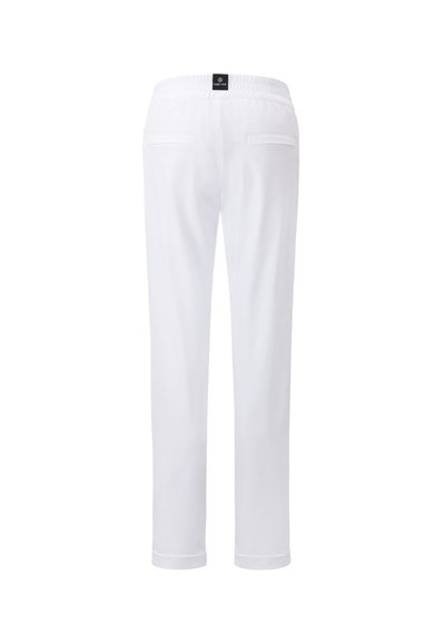 White pants featuring an elastic waistband, two back pockets, and a straight-leg cut, made from a smooth fabric with no patterns.