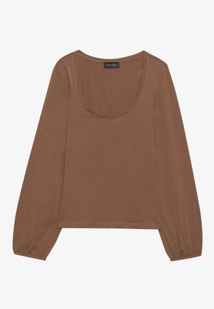 Brown long-sleeve top with a scooped neckline and gathered sleeves. Made from a soft fabric with a smooth texture.