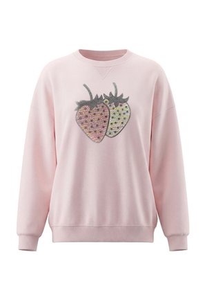 Lyserød langærmet sweatshirt med ribbet manchet og linning, med to store paliet-beklædte jordbær foran.