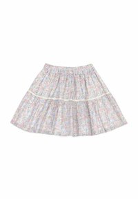 Falda de volantes floral en colores pastel, con una cinturilla fruncida, acentos de encaje y una tela ligera, creando una silueta fluida.