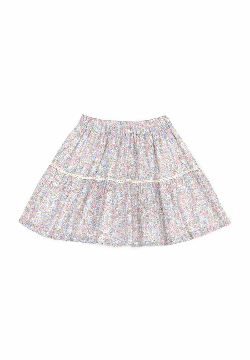 Falda de volantes floral en colores pastel, con una cinturilla fruncida, acentos de encaje y una tela ligera, creando una silueta fluida.