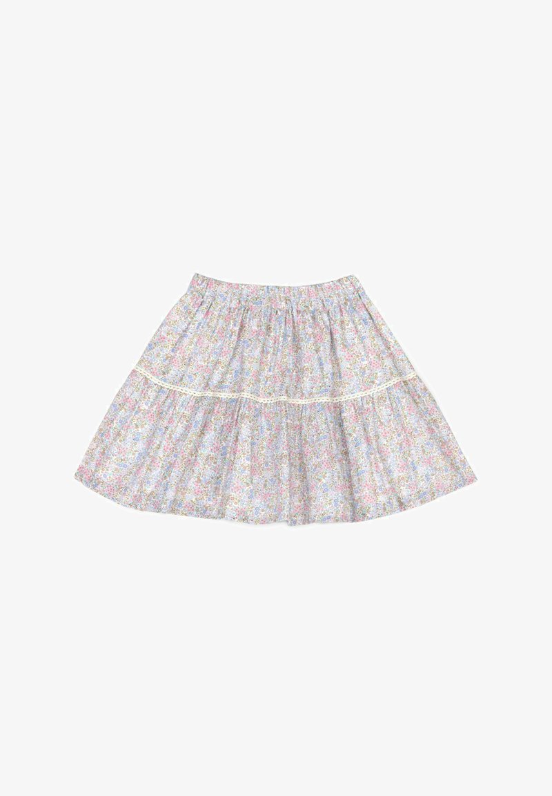Falda de volantes floral en colores pastel, con una cinturilla fruncida, acentos de encaje y una tela ligera, creando una silueta fluida.