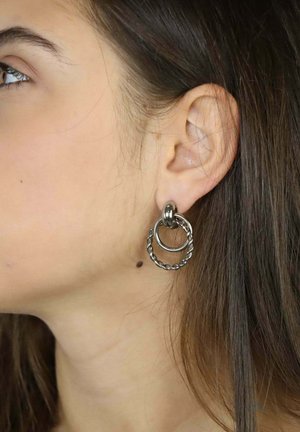 Zilveren creolen met twee in elkaar grijpende lussen; één glad en glanzend, de andere gedraaid. Bevestigd aan een standaard steker.