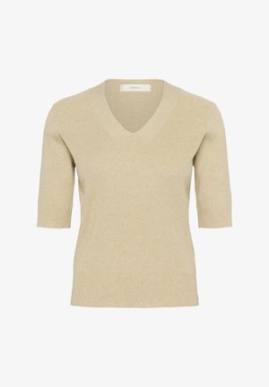 Beige gestrickter Pullover mit V-Ausschnitt, kurzen Ärmeln und geripptem Muster. Hat eine taillierte Silhouette und ein dezentes Muster.