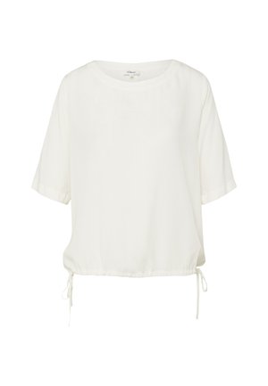 Weiße Bluse mit kurzen Ärmeln, rundem Ausschnitt und verstellbaren Kordeln am Saum für eine geraffte Passform.