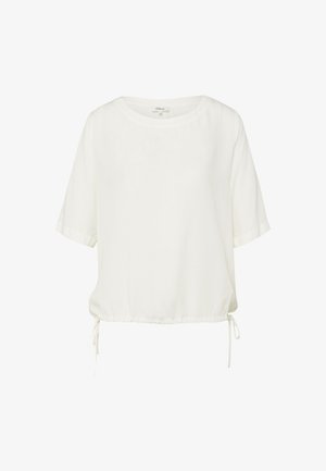 Blusa bianca a maniche corte con scollo rotondo e coulisse regolabili all'orlo per una vestibilità arricciata.
