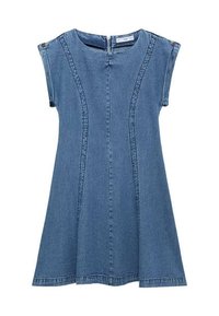 Rochie din denim de un albastru deschis, cu decolteu rotund, mâneci scurte și fustă evazată. Are cusături verticale și un fermoar la spate.