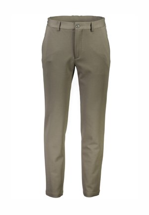 Slim-fit trousers in olive green fabric, featuring a flat front, two front pockets, and a single back pocket, with a button closure.