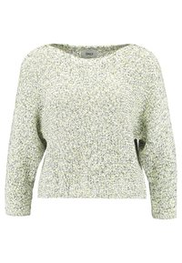 Pullover di maglia verde chiaro con vestibilità ampia, scollatura rotonda larga e maniche lunghe. Il tessuto testurizzato presenta piccole macchie multicolori.