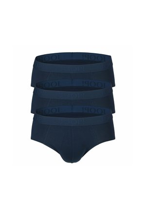 Caleçons pour hommes bleu marine foncé, lot de trois, en coton doux. Présentent un design uni avec une ceinture assortie portant le logo.