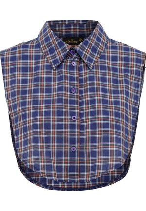 Blauwe en rode geruite cropped shirt met een puntige kraag en zes paarse knopen. Soepele stof, ronde zoom, mouwloos ontwerp.