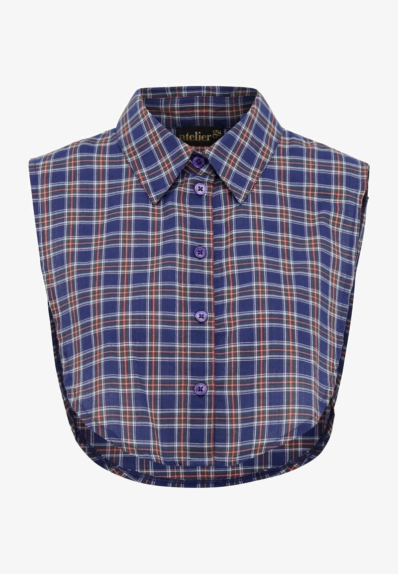 Korte mouwen, overhemd met kraag en een blauw-rode geruite patroon, voorzien van paarse knopen en een gebogen zoom. Gemaakt van katoen.