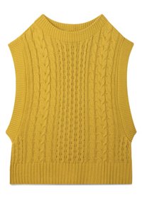 Haut sans manches en maille jaune avec un col montant, présentant un motif torsadé et un ourlet côtelé. Texture douce avec des côtés ouverts.