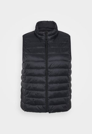 Crni podstavljeni prsluk s visokim ovratnikom i prednjim zatvaračem. Ima horizontalne šavove i gladak, sjajan teksturiran materijal.