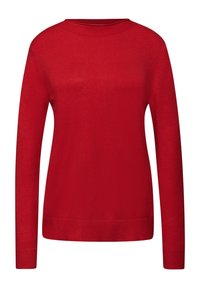 Maglione rosso a collo rotondo, con maniche lunghe e una texture a coste. Presenta un colore uniforme senza motivi o accenti.