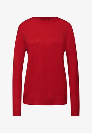 Czerwony sweter z okrągłym dekoltem, długimi rękawami i prążkowaną teksturą. Charakteryzuje się jednolitym kolorem bez wzorów czy akcentów.