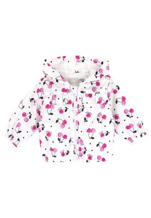 White zip-up jacket with pink cherry print and black accents. Features a hood, elastic cuffs, and gathers at the chest. Smooth texture.