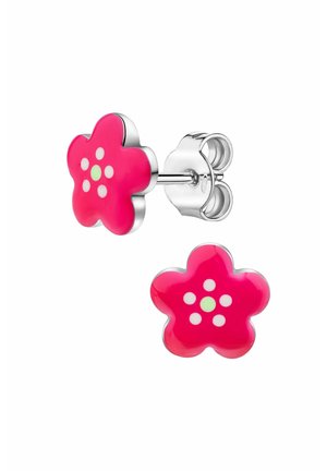 Boucles d'oreilles en argent avec des fleurs à cinq pétales en émail rose, chaque fleur présentant cinq points blancs et un point vert au centre.