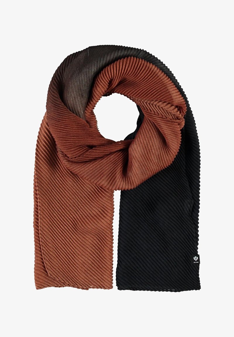 Écharpe côtelée douce pliée en boucle, présentant des blocs de couleur marron, brun foncé et noir, avec une petite étiquette de marque noire et blanche.