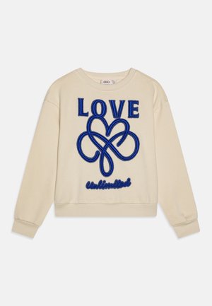 Kremowy sweatshirt z wyraźnym niebieskim haftowanym napisem "LOVE" i wzorem serca, z napisem "Unlimited" poniżej. Ściągacze przy rękawach i u dołu.
