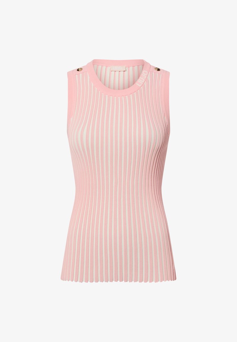 Haut sans manches côtelé en rose clair et blanc cassé, avec un col rond et des boutons décoratifs à l'épaule.