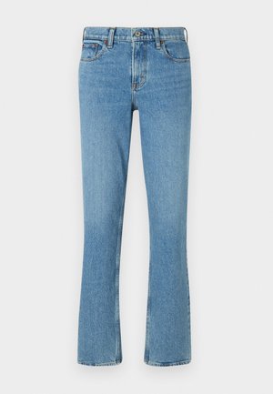 Jeans in denim azzurro chiaro con gamba a zampa d'elefante, design a cinque tasche, chiusura con bottone e una leggera scoloritura. Nessun motivo visibile o decorazioni.