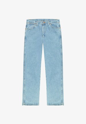 Jean en denim bleu clair avec une coupe droite, cinq poches et des accents en métal doré au niveau de la taille et des poches.