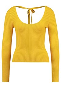 Geel geribbelde lange mouwen gebreide top met een ronde halslijn en een strikdetail op de rug.
