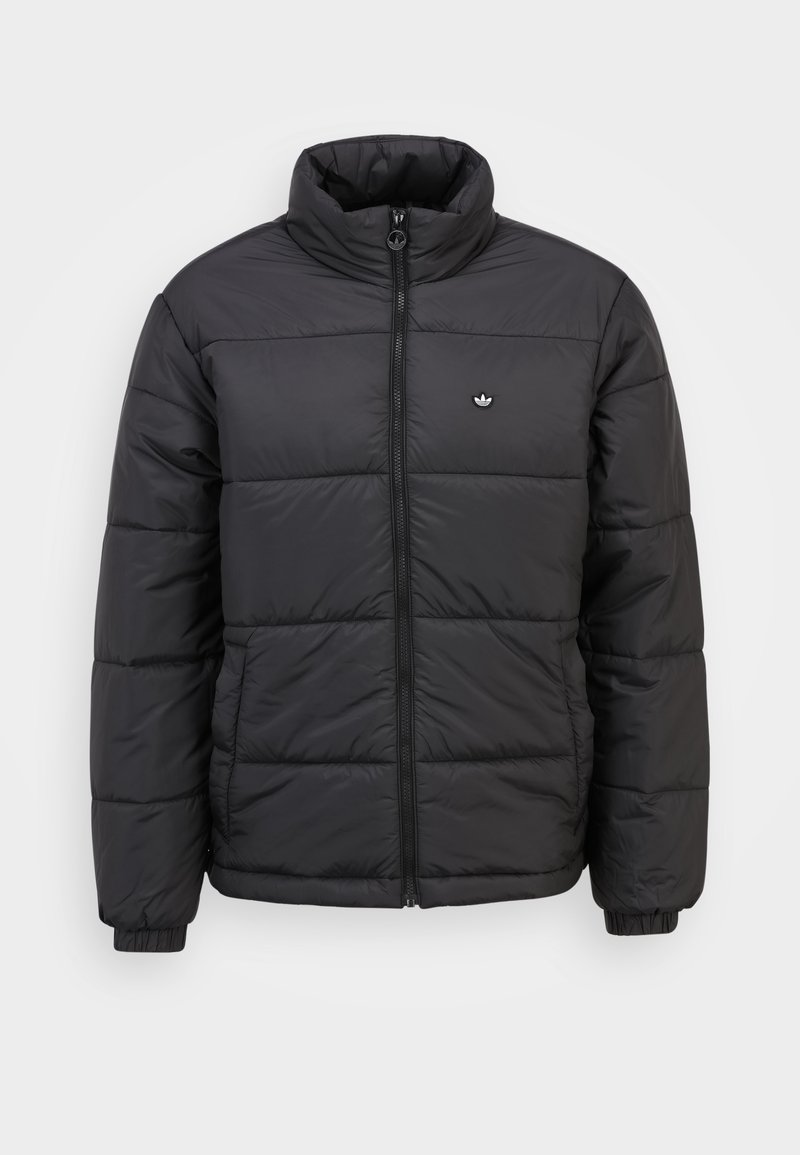 Black puffer jacket with a high collar, zip closure, and elastic cuffs. Features horizontal quilted pattern and a small logo on the chest.