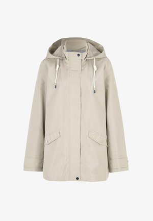 Vaaleanbeige huppullinen sadetakki, jossa edessä nepparikiinnitys, kaksi läppätaskua ja valkoiset kiristysnauhat hupussa.