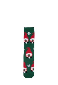 Calze verdi con un motivo ripetuto di gnomi con cappelli rossi, dettagli bianchi e neri, accompagnati da motivi di fiocchi di neve bianchi.