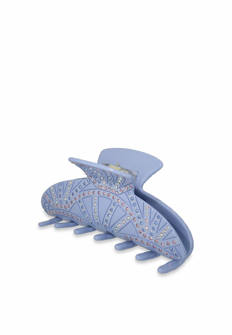 Clip de pelo azul claro con un diseño en forma de abanico, decorado con rhinestones, que cuenta con cinco púas para un agarre y sujeción seguros.