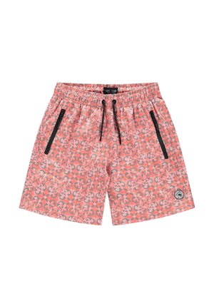 Zwemshorts in koraal met een bloemenpatroon. Elastische tailleband met trekkoord, twee zijzakken met rits, en een logopatch aan de onderzijde links.