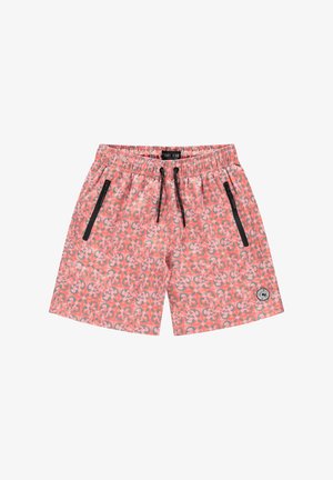 Zwemshorts in koraal met een bloemenpatroon. Elastische tailleband met trekkoord, twee zijzakken met rits, en een logopatch aan de onderzijde links.