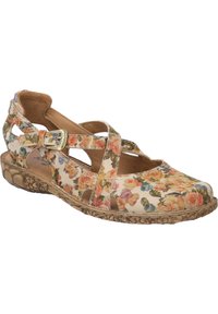 Zapato con estampado floral en tejido suave, con laterales abiertos y una correa con hebilla. Suela texturizada de color claro con acabado natural.