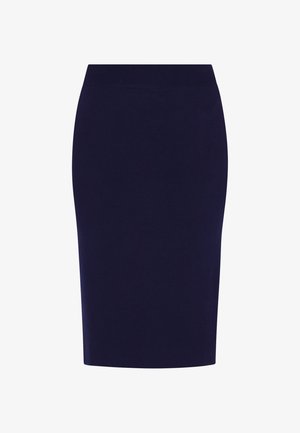 Tengerészkék ceruzaszoknya rugalmas anyagból. Testhez simuló fazon és kényelmes gumis dereka van. Sima textúra.