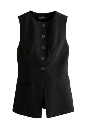 Gilet nero senza maniche con bottoni, scollo rotondo e due tasche frontali orizzontali, vestibilità sagomata.