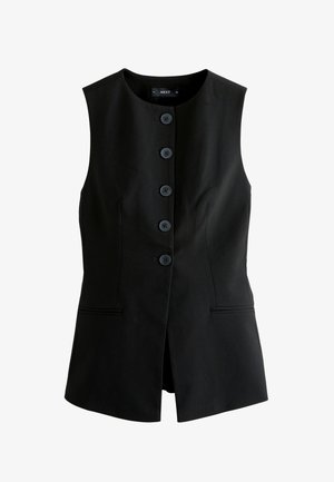 Gilet nero senza maniche con bottoni, scollo rotondo e due tasche frontali orizzontali, vestibilità sagomata.