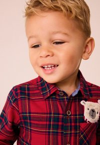 Punainen ja vihreä ruudullinen paita nappisuljennalla, jossa on karhu aplikaatio rinnataskussa ja farkkukangas kauluskoriste. Pehmeä kangastuntu.