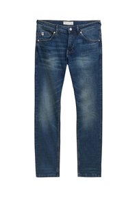 Tmavě modré džíny z denimu se střihovým designem rovného nohavice, s jemným vyblednutím, dvěma předními kapsami a zapínáním na knoflík.