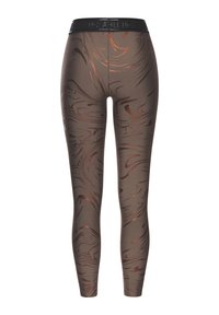 Braune Leggings mit einem wirbelnden Muster in metallischem Kupfer, aus einem glatten, elastischen Stoff gefertigt, mit einem schwarzen elastischen Bund.