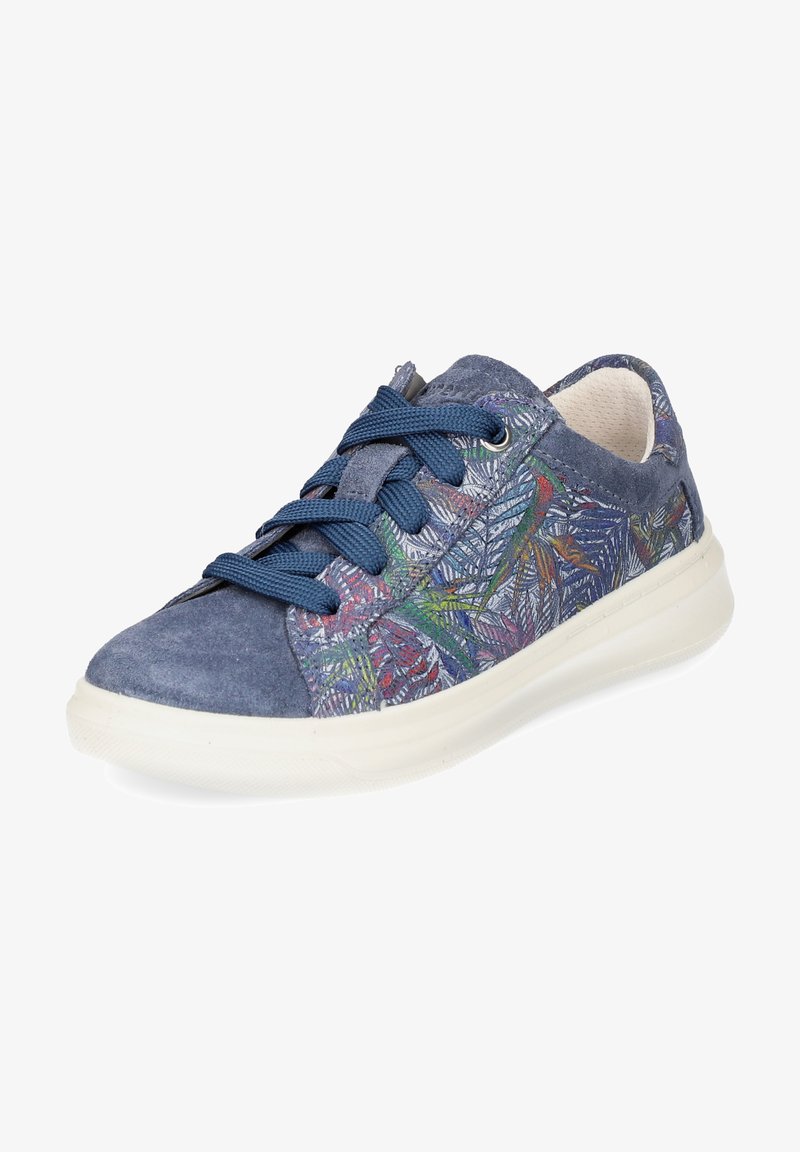 Blå suede sneakers med multikolorede bladmønstre, rund tå og kontrastfarvet hvid gummi sål med tekstureret greb.