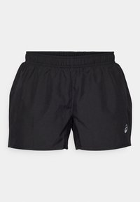 Pantalones cortos deportivos negros con una cinturilla elástica, con una textura suave y un pequeño logo plateado en la parte inferior derecha.