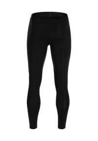 Leggings noirs en matière extensible, avec une taille haute et une texture lisse et mate sans motifs ni éléments en métal visibles.