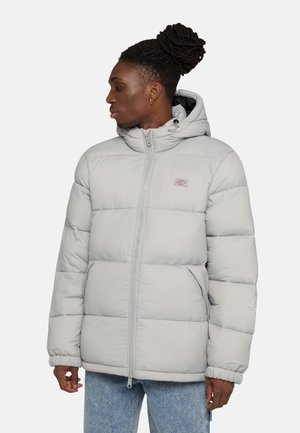 Lichtgrijze pufferjacket met een capuchon, voorzien van een rits aan de voorkant, elastische manchetten en een zichtbaar logo patch. Glad, geïsoleerd materiaal.