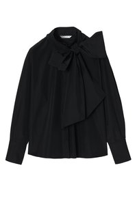 Schwarze Bluse aus leichtem Stoff, mit einer großen Schleife am Ausschnitt, langen Ärmeln und einem lockeren Schnitt.