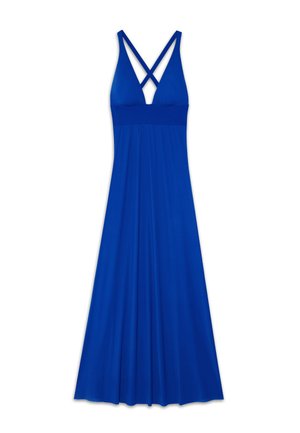 Blue maxi dress with a V-neck, cross-back straps, and a fitted bodice that flows into a flared skirt. Made from soft, lightweight fabric.