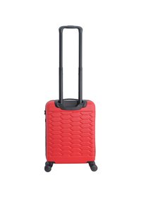 Roter Hartschalentrolley mit hexagonalem Muster, schwarzem Teleskopgriff und vier Rädern für Mobilität.