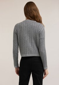 Szary sweter prążkowany z długimi rękawami, skróconej długości, z ozdobnym wykończeniem na dole. Miękka tekstura o dopasowanym kroju.