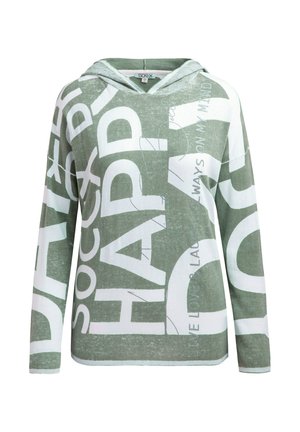 Grüner und weißer Hoodie mit langen Ärmeln und großen Textmustern. Hergestellt aus weichem Material, mit Kapuze und Kordelzug sowie lockerer Passform.